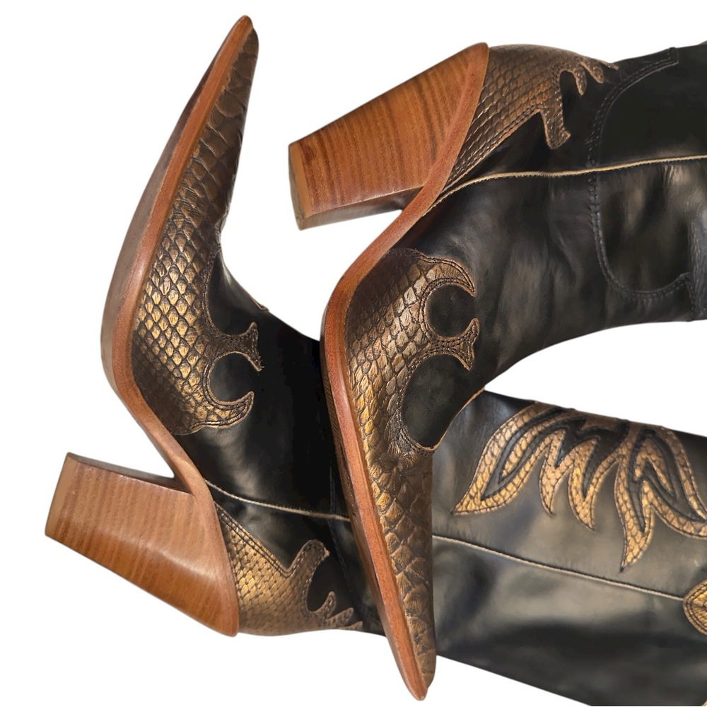 Para Raio Brazil 70’s Western Giddy Up Black Gold Metallic Leather Cowboy Boots - Picture 13 of 17